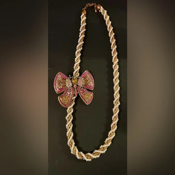 Vintage Pink and Gold Butterfly broach on a “Casual Corner” Necklace - Picture 1 of 8